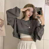 Streetwear Women Sexy Solid Cropped Sweatshirts Oversize Loose Harajuku BF Pullovers Spring Korean Chic Casual Y2k Tops